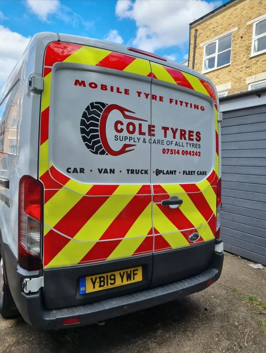 Cole Tyres van with Chapter 8 reflective chevron markings by Talion Graffix